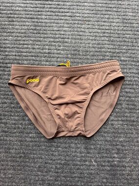 Pond Men's Brown Swim Briefs with Yellow Logo Accent